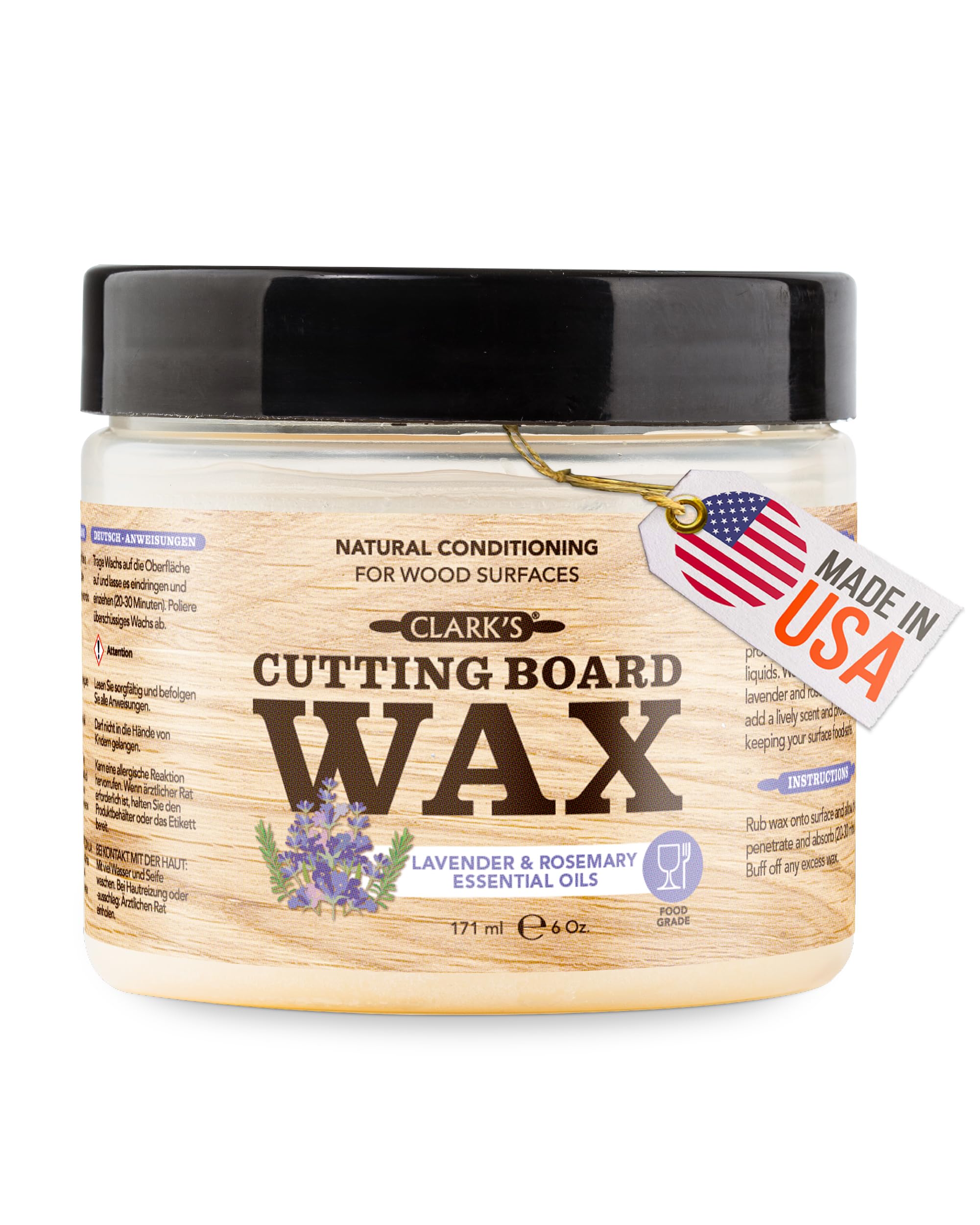 CLARK'S Cutting Board Wax - 2-in-1 Wood Butter & Food Grade Mineral Oil with Beeswax – Butcher Block Conditioner for Cutting Boards – Lavender & Rosemary Essential Oil Scent – Made in USA, 6oz
