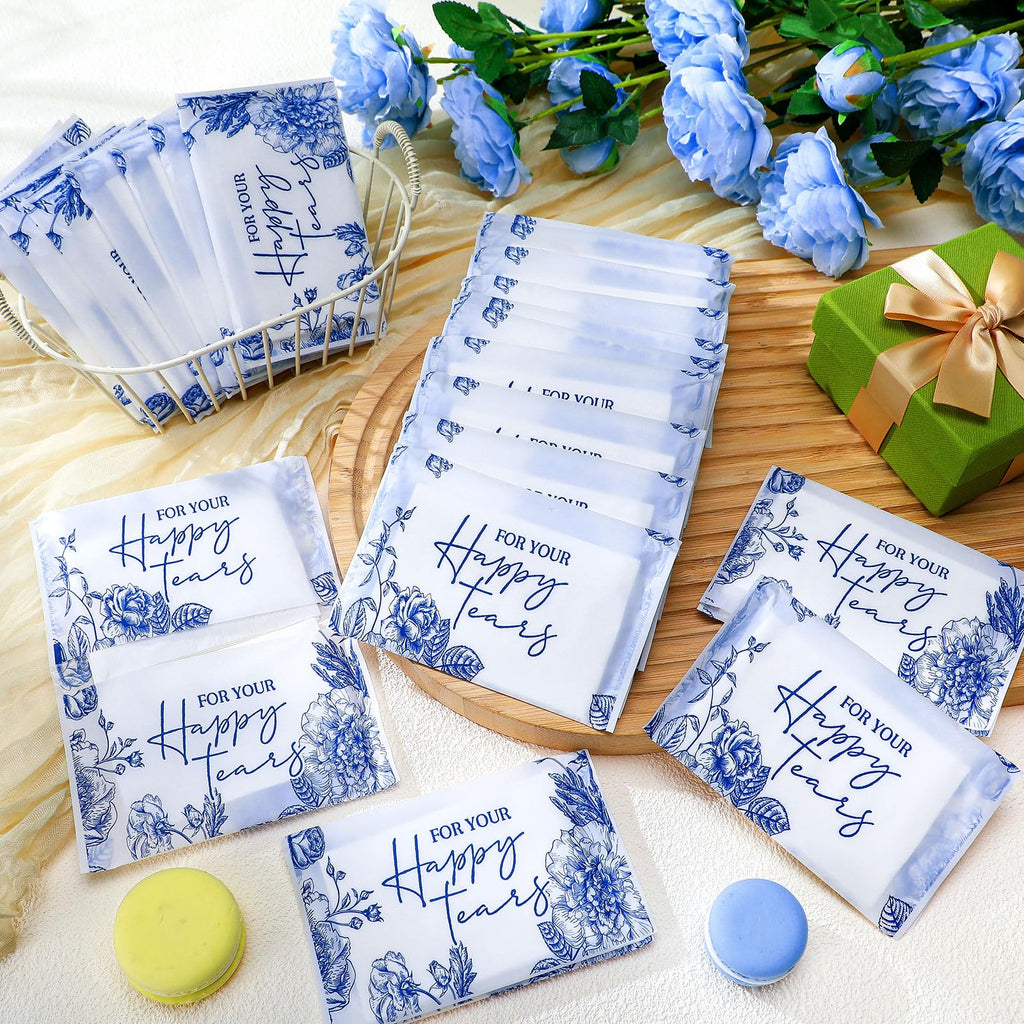 Yinder 60 Bulk Happy Tears Tissue Packs for Wedding 3 Ply Pocket Size Tissues Packs for Guests Facial Individual Wedding Favors Party Supplies Travel Graduation Celebration(Blue Flower)