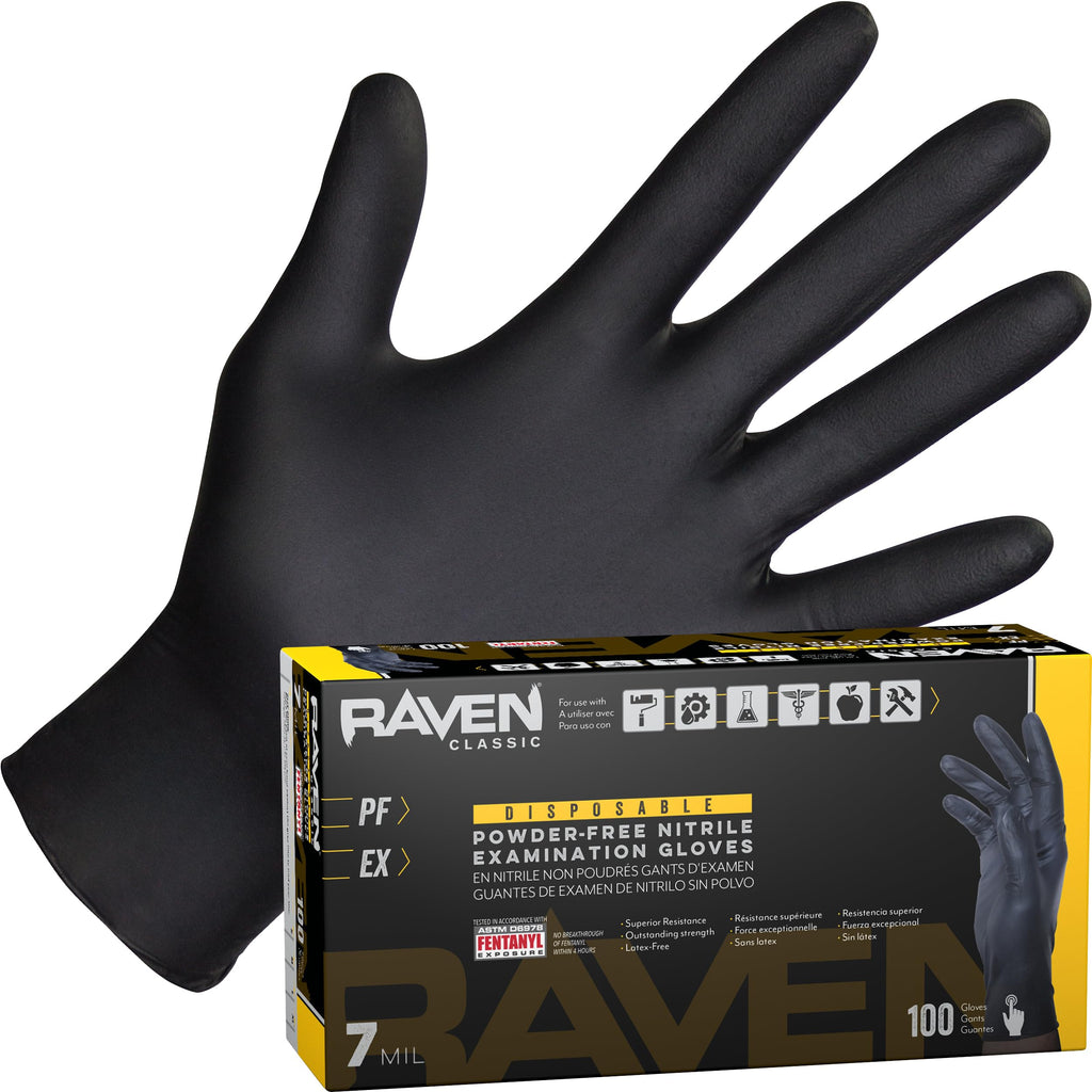 Raven Powder Free Nitrile Disposable Gloves 7 Mil - XL Latex Free, Chemical + Puncture Resistant, Textured Grip, Single Use for Automotive, Industrial, Janitorial, MRO, Food Service 66519
