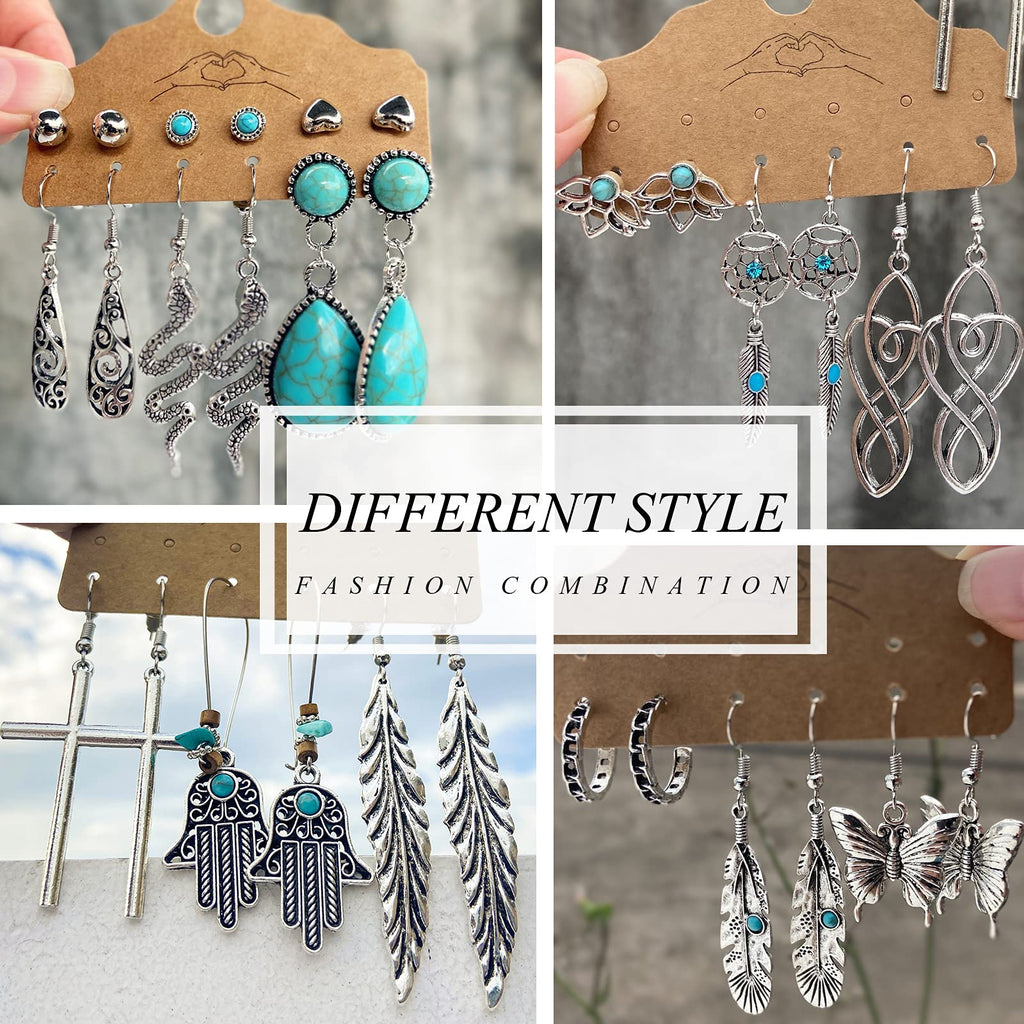 45 Pairs Big Vintage Silver Turquoise Drop Dangle Earrings Set for Women