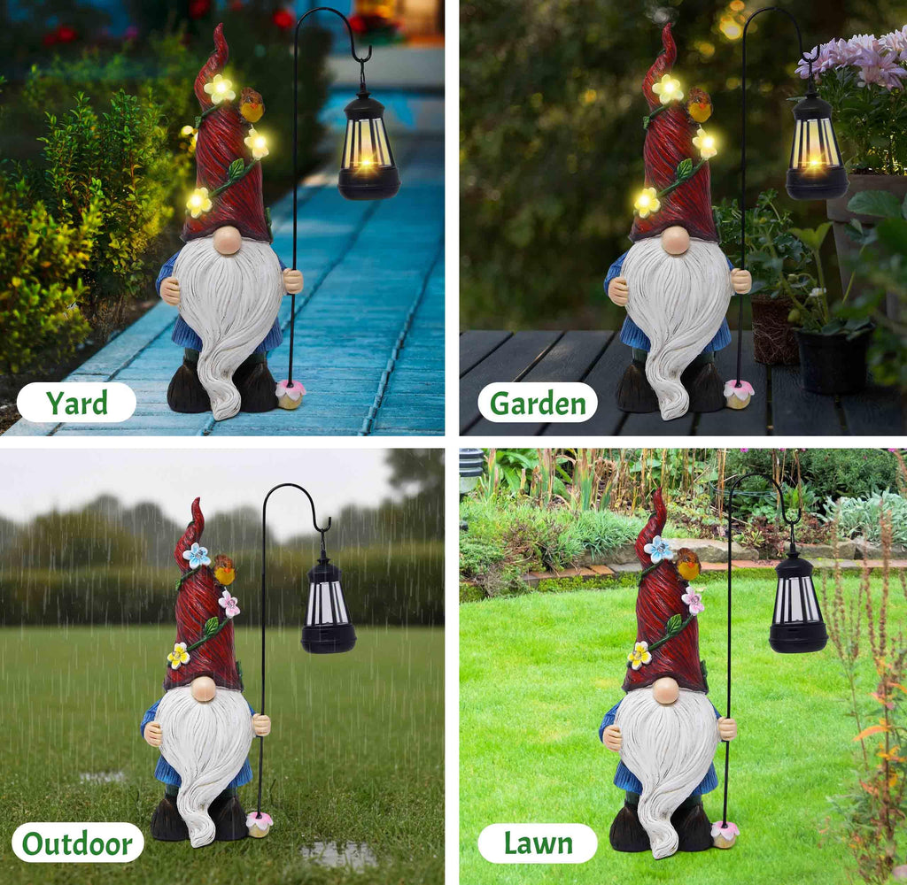 Outdoor Garden Gnome Statue with Solar Lantern Light Resin Yard Decor Patio Lawn Pathway Figurine Holiday Decoration Gnome Gift for Women Mom