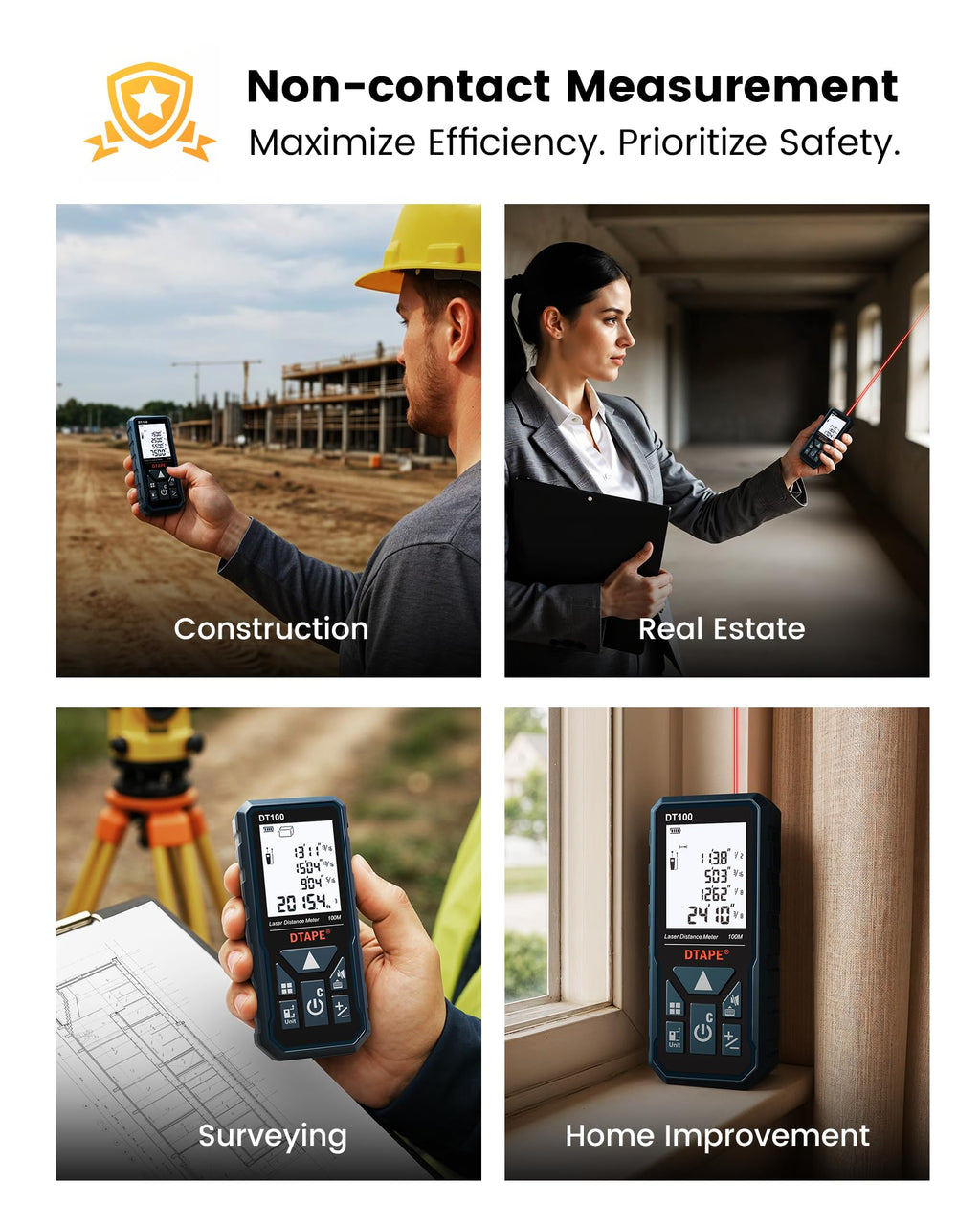 DTAPE 330 Ft Laser Measuring Tool, 1/16" High-Accuracy Laser Tape Measure, 2" Backlit LCD Display Laser Measure, Ft/In/Ft+In/M Electronic Tape Measure, Distance/Area/Volume/Indirect Laser Range Finder
