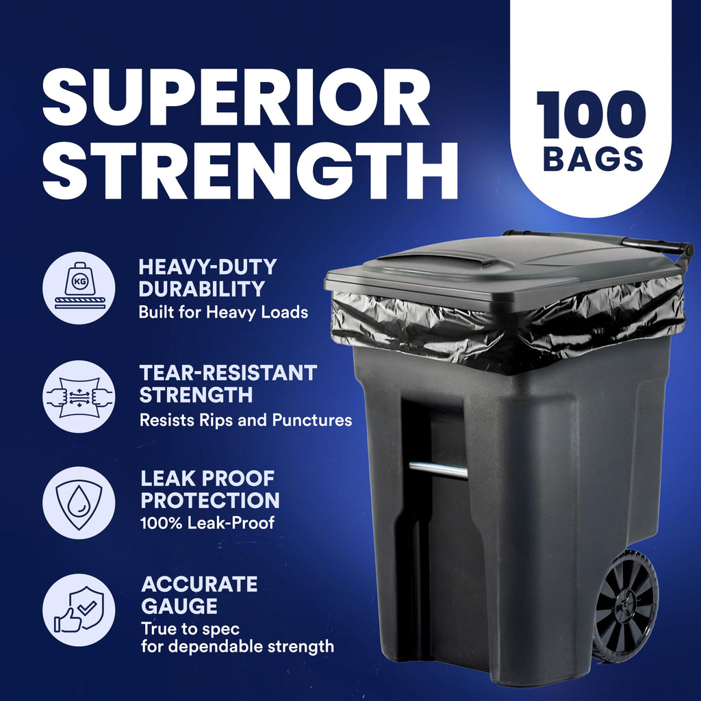 Plasticplace 64-65 Gallon Trash Can Liners for Toter │ 1.2 Mil │ Black Heavy Duty Garbage Bags │ Rolls │ 50” x 60” (100 Count)