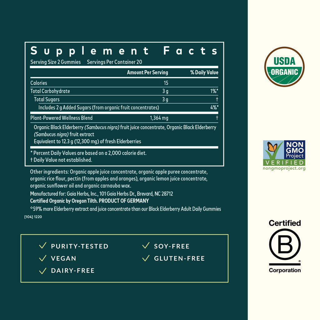 Gaia Herbs Black Elderberry (Sambucus nigra) Extra Strength Gummies - Delicious Immune Support Supplement* - Certified Organic Black Elderberries for Immune System Support* - 40 Gummies (20 Servings)