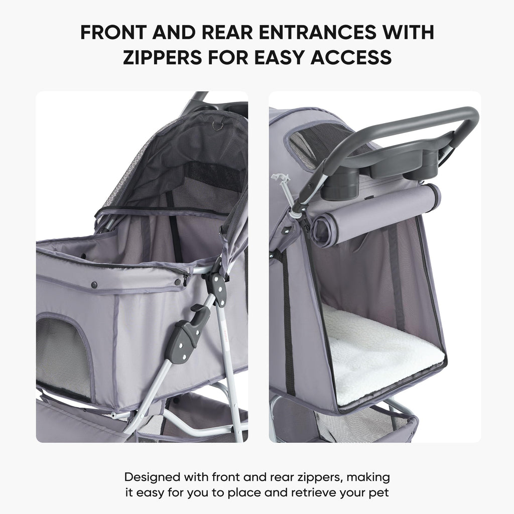 NEWBULIG 3 Wheel Pet Stroller for Dogs and Cats, Foldable, Lightweight and Durable, Ideal for Small to Medium Pets, Includes Storage Basket and Cup Holders
