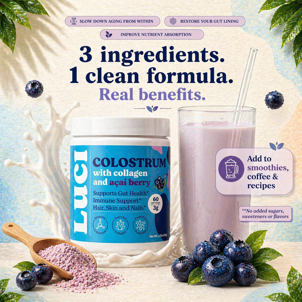 Luci Colostrum Powder 60 Servings 3 in 1 with Collagen Peptides and Acai, Bovine Colostrum for Gut Health, Bloating, Collagen Protein for Muscle, Skin, Hair, Nails and Immunity, Gluten & Fat Free 180g