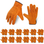 12 Pairs Leather Work Gloves Cowhide Leather Gardening Gloves with Reinforced Palm and Elastic Band, Thick Leathers Glove for Men Women Construction, Wood Cutting, Driving, Automotive Repair (Yellow)