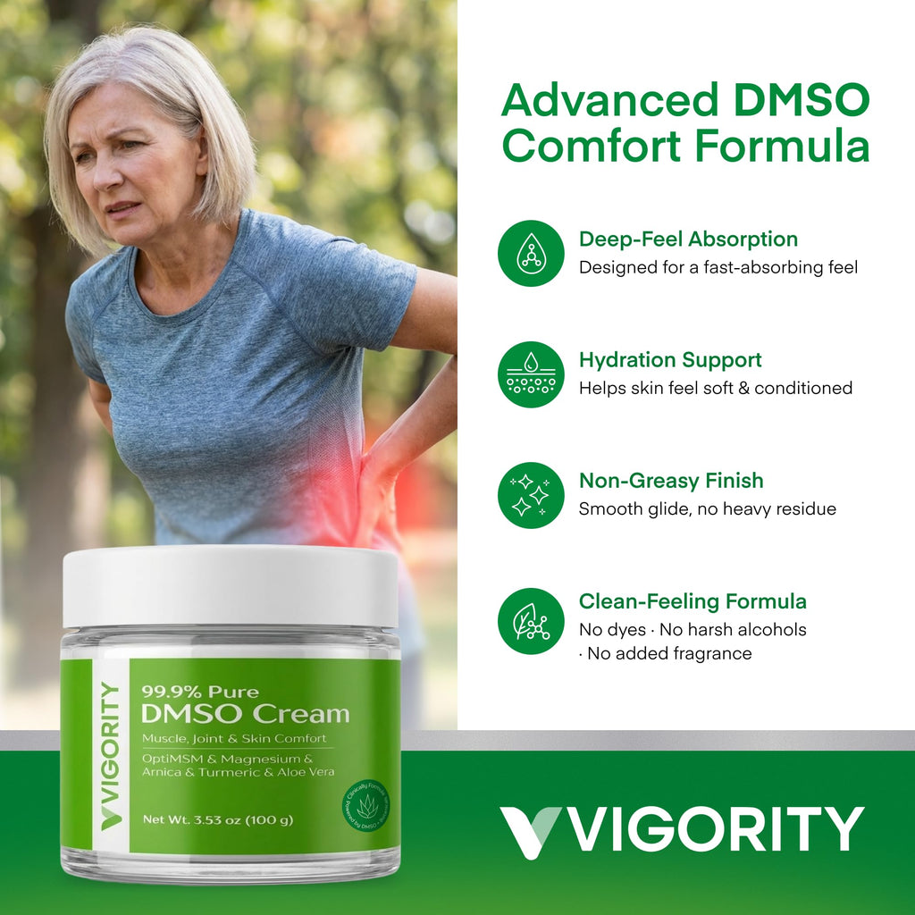 Vigority DMSO Cream 99.9% Pure for Topical Joint, Muscle Comfort - DMSO Pharmaceutical Grade Cream with Arnica, Magnesium, Turmeric, OptiMSM, Aloe Vera 3.53oz