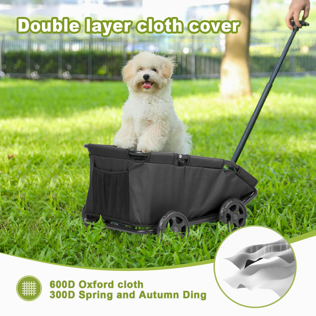 AESRAOU Mini Dog Strollers for Mini Pets, Foldable Multifunctional Shopping Carts with Extendable Pull Handle, Doggie Wagon Built-in Cushion and Safety Rope with Storage Bag (Black)
