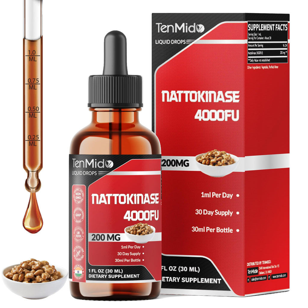 Tenmido Nattokinase Supplement Liquid Drops | Nattokinase 4000 FU | High Absorption | Alcohol-Free | Vegan, Non-GMO | 30ml 1Fl Oz