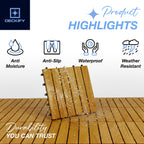 DECKIFY 9Pcs Premium Acacia Wood Interlocking Patio Deck Tiles, 12 x 12 x 0.9 Inch Outdoor Flooring, Waterproof for All-Weather Use – Striped, Golden Teak
