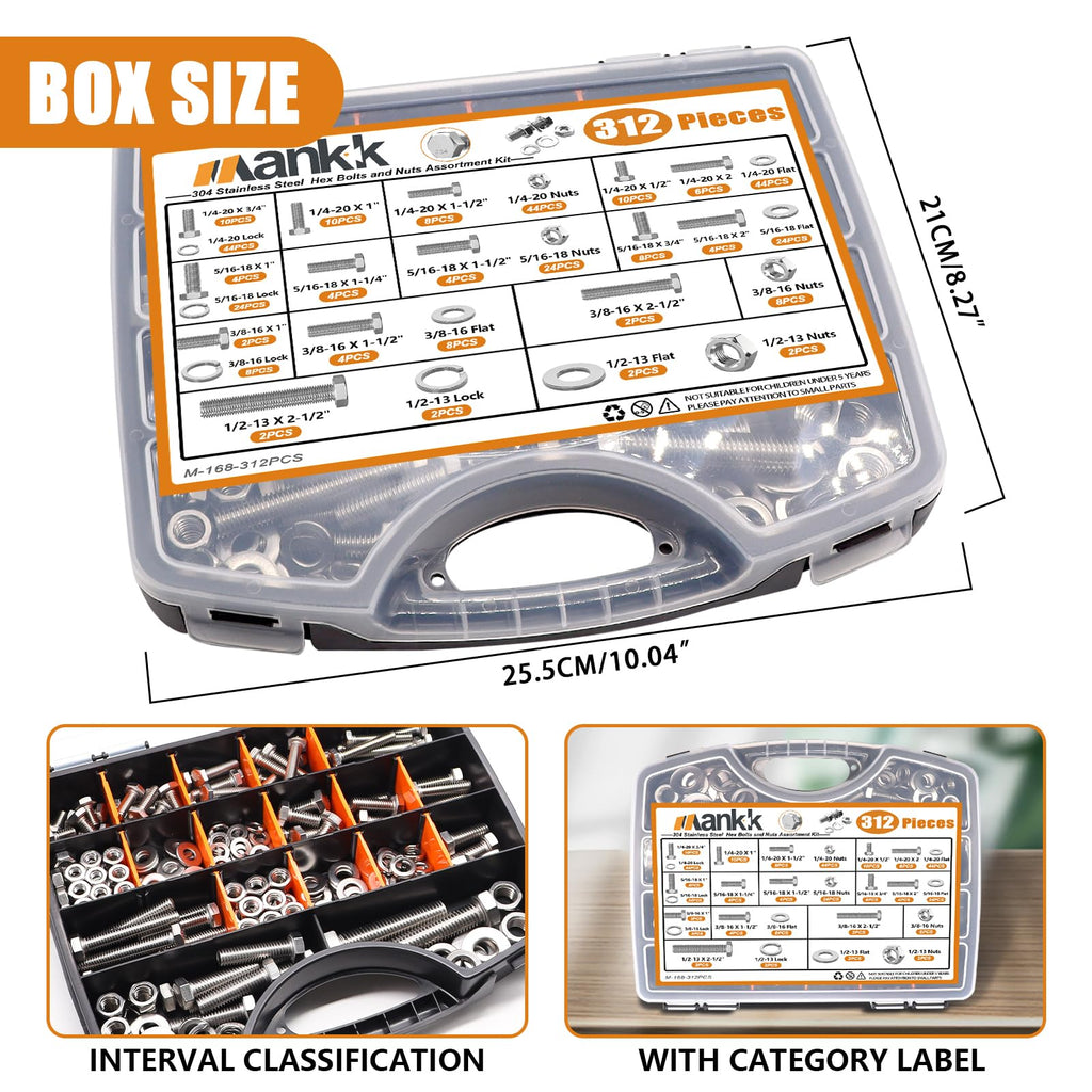 mankk 312PCS Hex Bolts and Nuts Assortment Kit,4 Sizes (1/4-20,5/16-18,3/8-16,1/2-13") 304 Stainless Steel Hex Bolts and Nuts Washers Kit Hardware Screws Set Flat & Spring Lock Washers