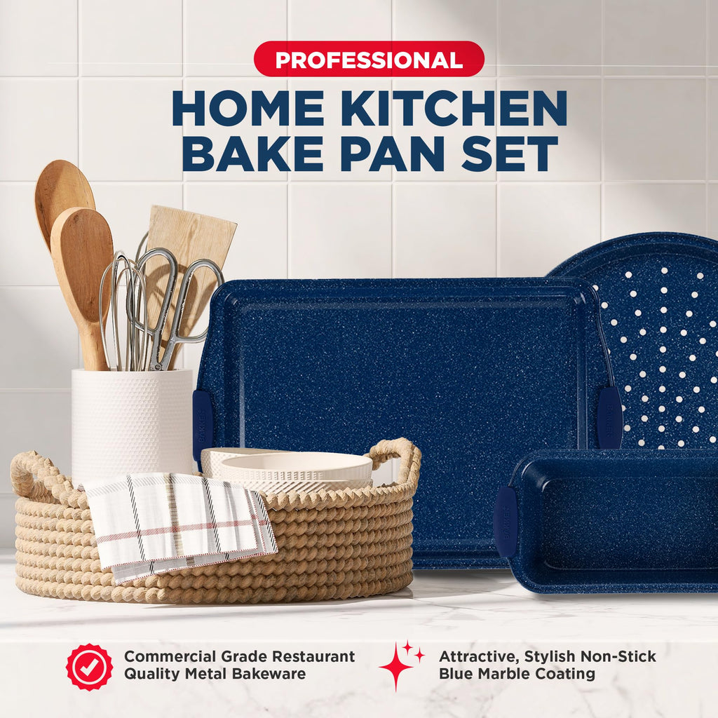 BAKKEN Kitchen Baking Pan Set - Nonstick Coating, Carbon Steel Bakeware Sets with Blue Silicone Handles, Baking Kitchen Essentials, PFOA, PFOS, PTFE Free, Oven Safe Tray (Up To 450° F), Set of 6
