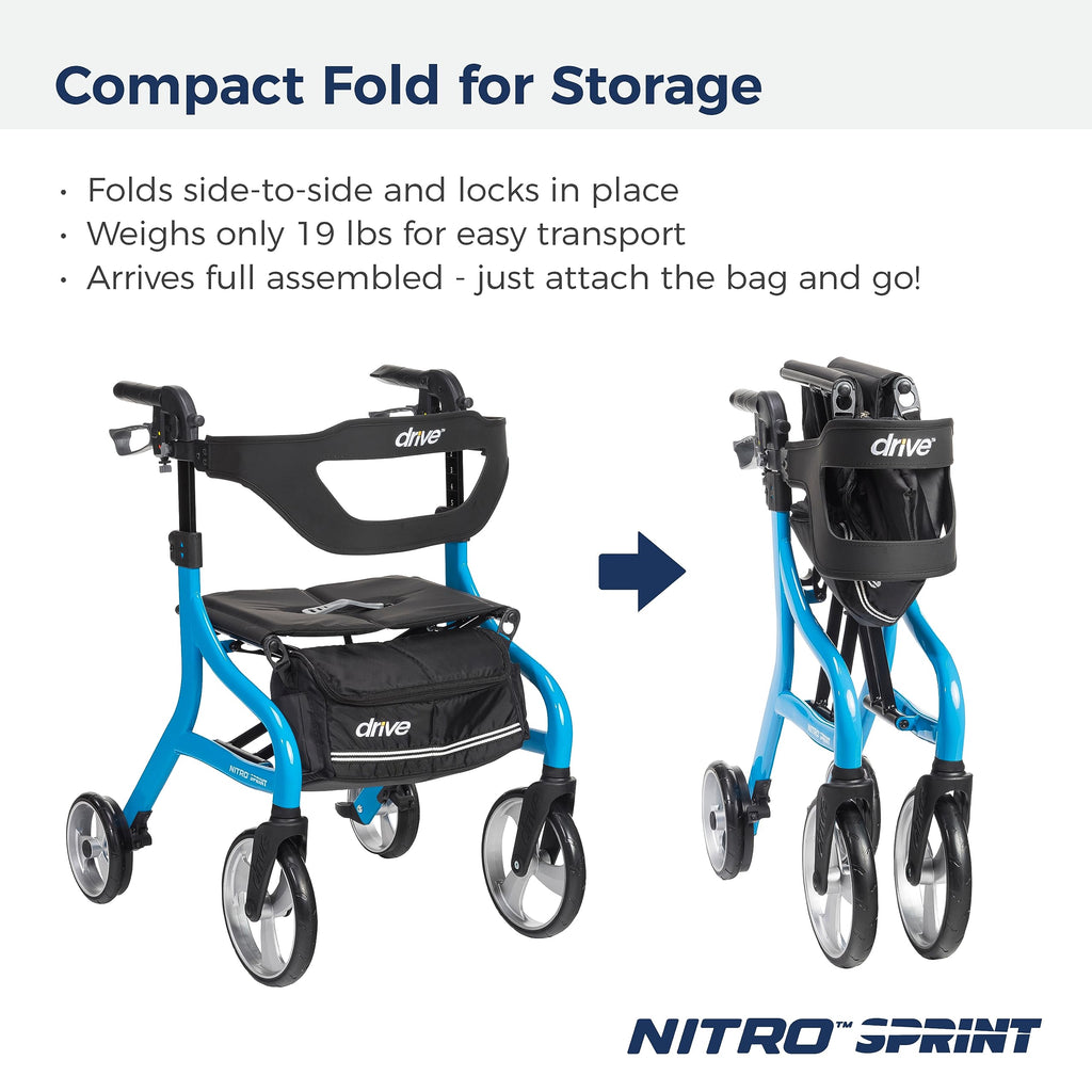 Drive Medical Nitro Sprint Foldable Rollator Walker with Seat - Lightweight Support - Large Wheels - Compact Folding Design - Adjustable Comfort - Standard Size - Blue