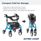 Drive Medical Nitro Sprint Foldable Rollator Walker with Seat - Lightweight Support - Large Wheels - Compact Folding Design - Adjustable Comfort - Standard Size - Blue