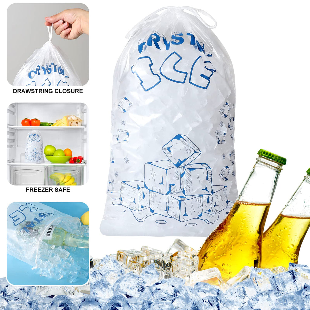 Ice Bags 8 lb with Drawstring, 50 Count Ice Bag for Ice Machine, Heavy-Duty Reusable Ice Cube Bags, Portable Storage and Freezer Keeper