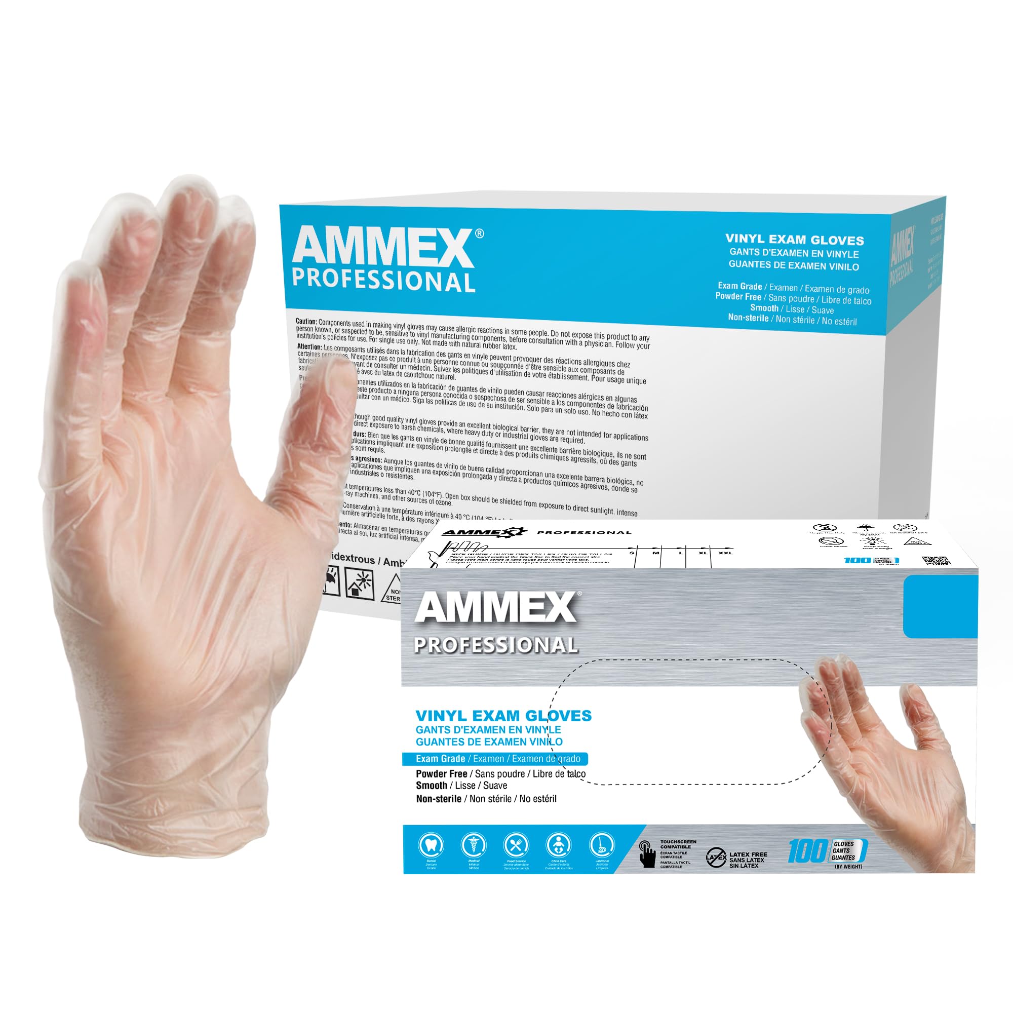 AMMEX Clear Vinyl Disposable Exam/Medical Gloves 3 Mil, Latex/Powder-Free, Food-Safe, Smooth, Non-Sterile Small, Case of 1000