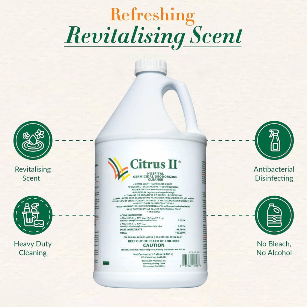 Citrus II Hospital Germicidal Deodorizing Cleaner - Fresh Citrus Scent - 1 Gallon - Refill - Disinfecting Cleaner for Home, Hospital and Office Areas