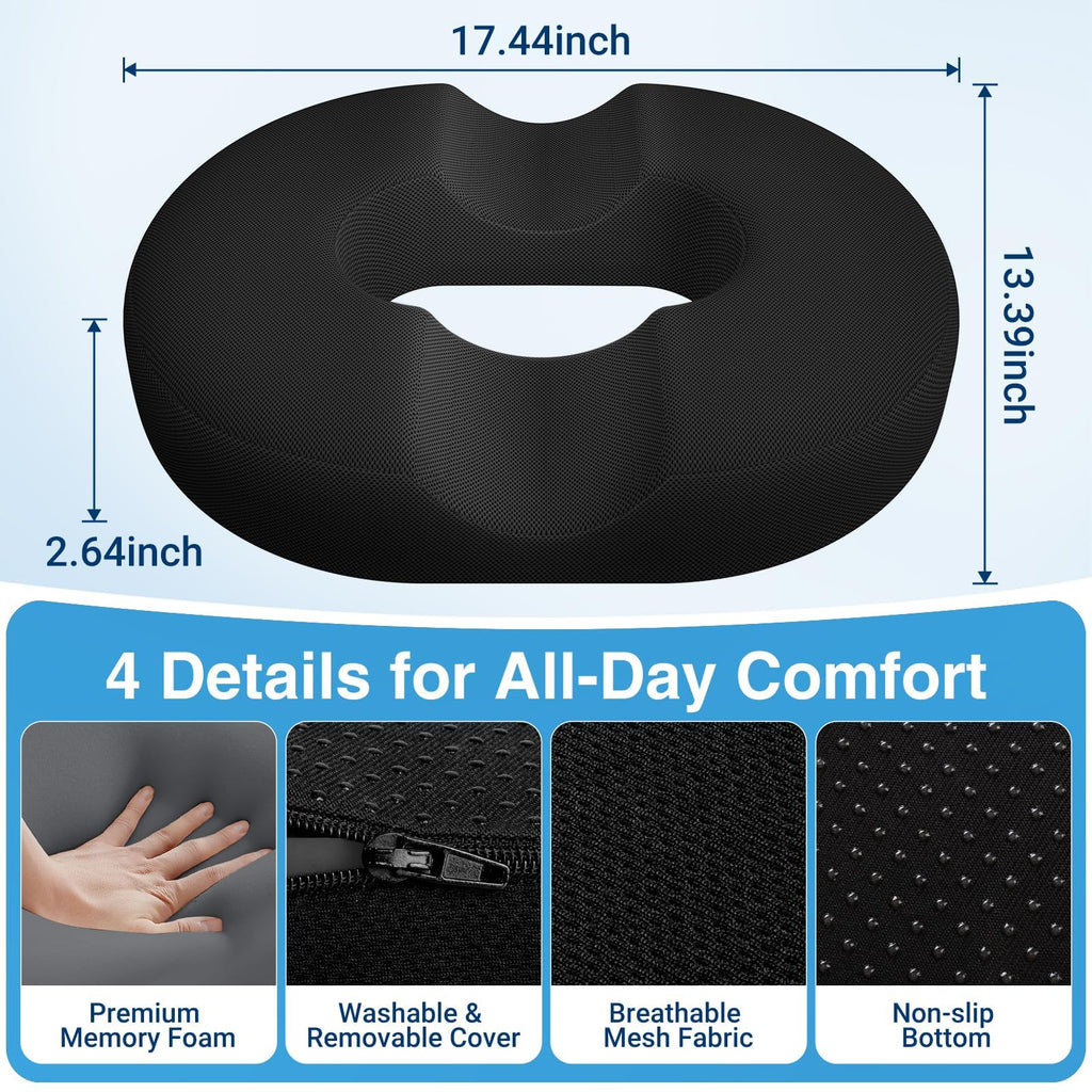 CushZone Donut Pillow for Postpartum Pregnancy - Large Ergonomic Chair Seat Cushions, Office Chair Cushion, Breathable Hemorrhoid Pillow, Lifting Chair Pads for Dining, Sitting, After Surgery(Black)