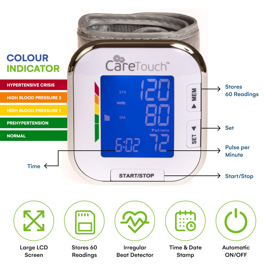 Care Touch Digital Wrist Blood Pressure Monitor for Adults Size 5.5-8.5" for Home Use, Automatic High Blood Pressure Machine with Batteries & Carrying Pouch