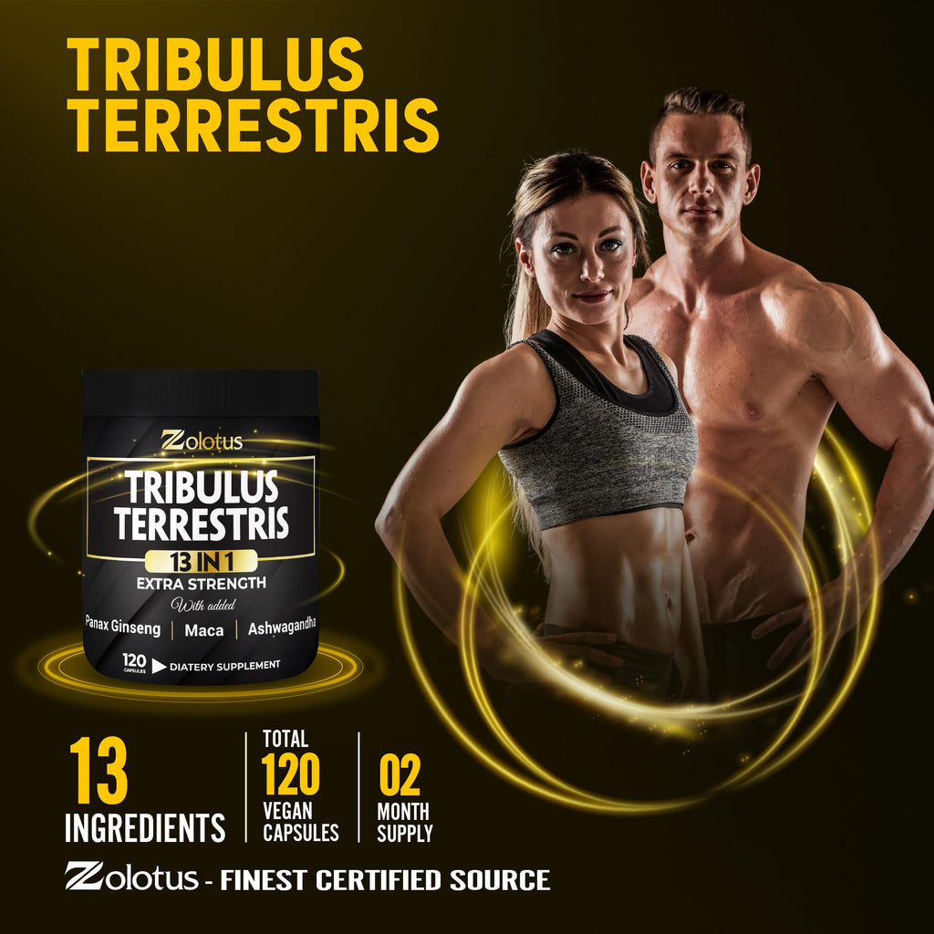 Zolotus 13in1 Tribulus Terrestris Capsules with Maca, Horny Goat Weed, Panax Ginseng, Saw Palmetto, Tongkat Ali, Shilajit & More - Energy, Stamina Supplement for Men & Women - 120 Counts