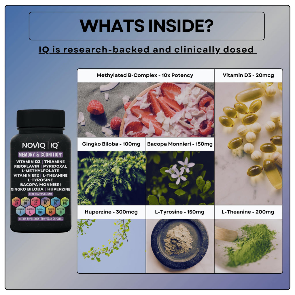 11-in-1 Nootropic Supplement: Supports Memory & Cognition - 100mg Ginkgo 150mg Bacopa 300mcg Huperzine 200mg L-Theanine 150mg L-Tyrosine & Bioactive B-Complex w/ 5-MTHF - 1,100mg+ Serving - 60 Count