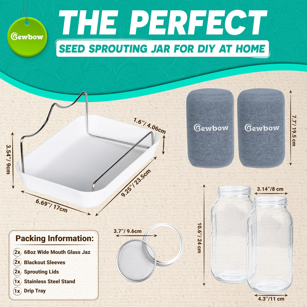 2000ml(68oz) LARGE SIZE Seed Sprouting Mason Jar Kit with Stand, Drain Tray