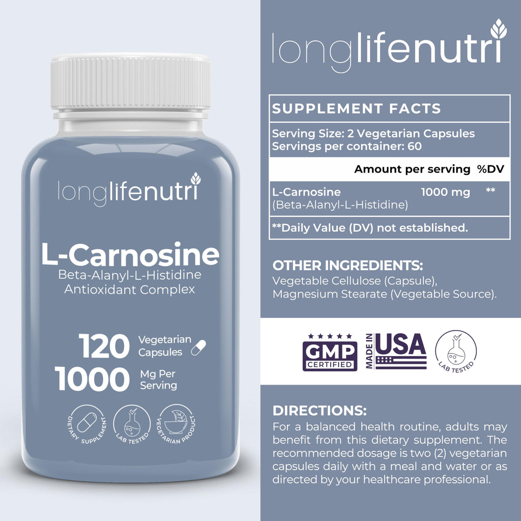 LongLifeNutri L-Carnosine 1000mg - Beta-Alanyl-L-Histidine Supplement for Cellular Energy & Brain Clarity, 120 Vegetarian Capsules, 2-Month Supply, GMP Certified, Made in USA