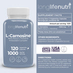 LongLifeNutri L-Carnosine 1000mg - Beta-Alanyl-L-Histidine Supplement for Cellular Energy & Brain Clarity, 120 Vegetarian Capsules, 2-Month Supply, GMP Certified, Made in USA