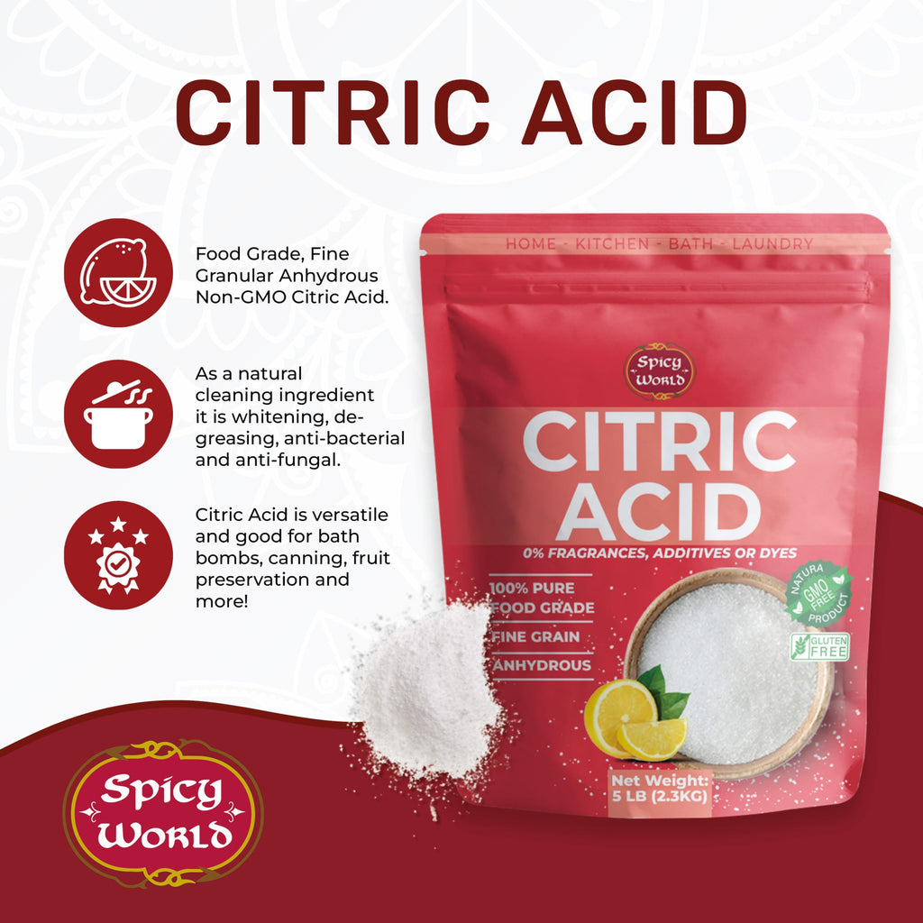 Pure Citric Acid 5 LB Bulk Bag - 100% Natural, Food Grade, Non-GMO - Citric Acid Powder for Cleaning, Bath Bombs, Preserving | Fine Granular | Premium Quality by Spicy World