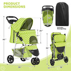 Magshion 3-Wheel Pet Stroller, Foldable Travel Jogger for Small & Medium Dogs & Cats (Up to 33lbs), Lightweight Carrier with Breathable Mesh Cover, Cup Holder & Storage Basket, Lawn Green Polka Dots