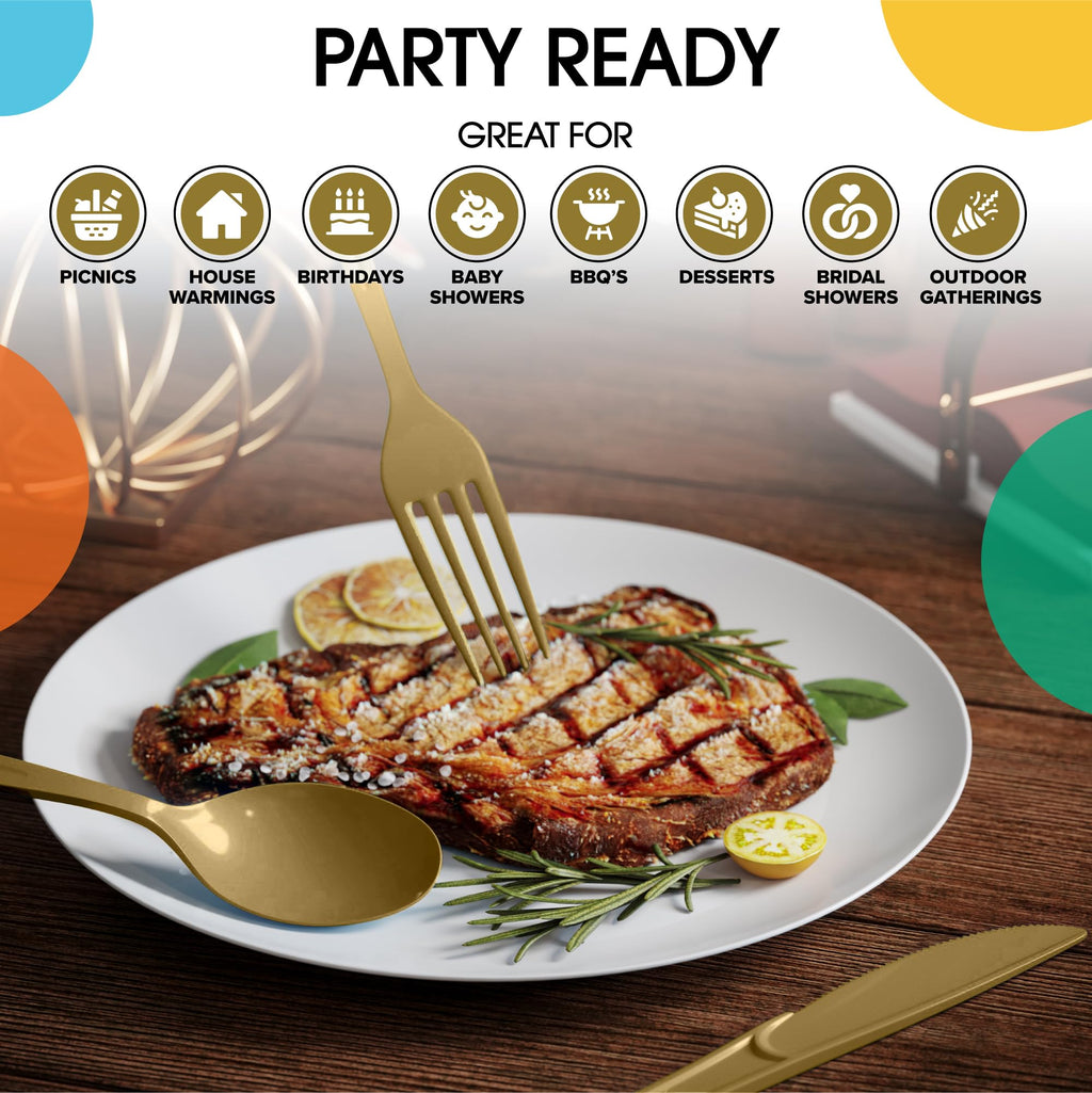 Party Solids Gold Plastic Silverware Heavy Duty 150 Pieces Gold Disposable Silverware Heavy Duty, Utensil Sets, 50 Of Each Forks, Knives & Spoons Disposable Cutlery Set For Party Supplies