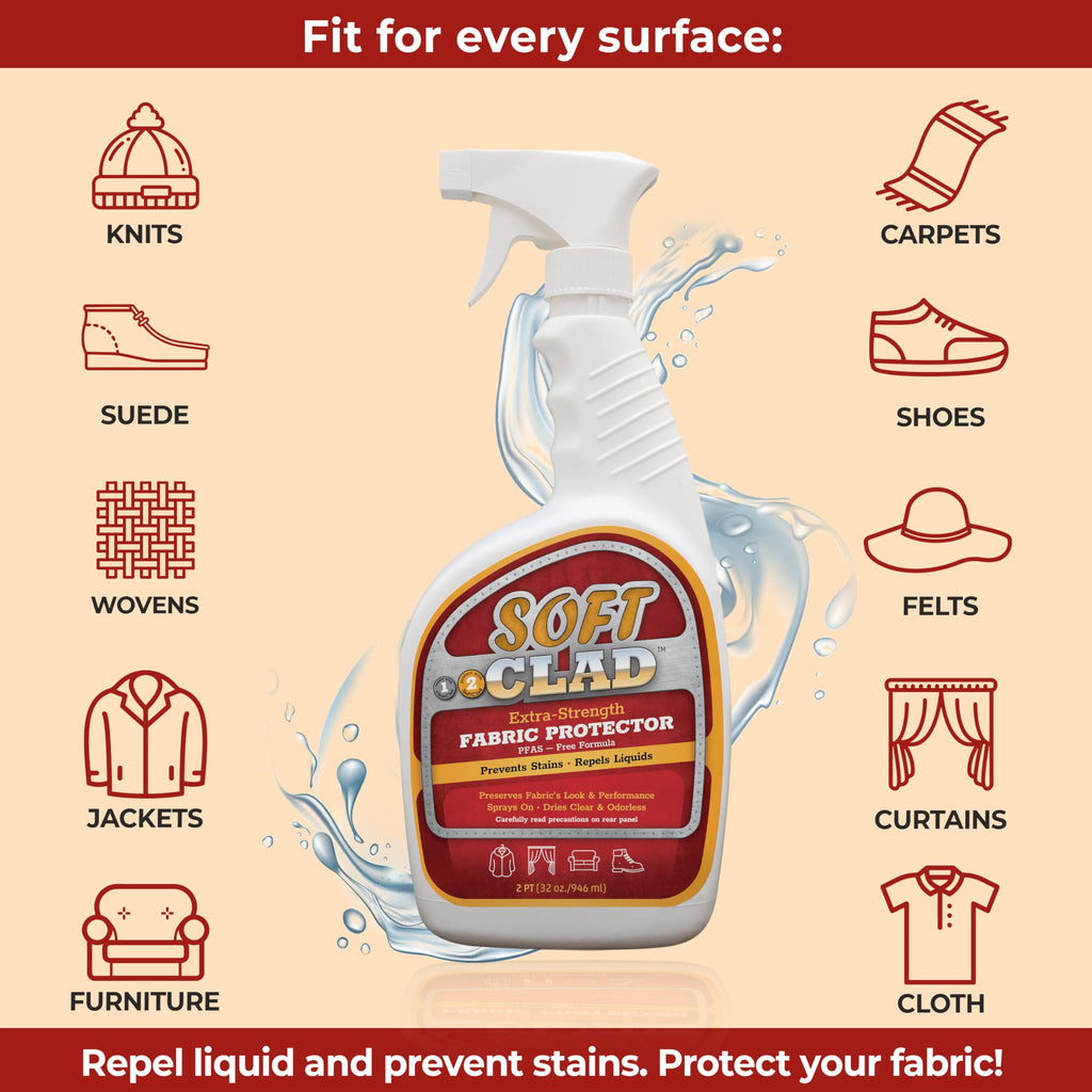Extra Strength Fabric Protector Spray Prevents Stains and Repels Liquids. SoftClad Guards Furniture, Shoes, Carpet, Upholstery, Suede, Leather, Couch. Safe for Indoor Use. PFAS Free Formula 32oz