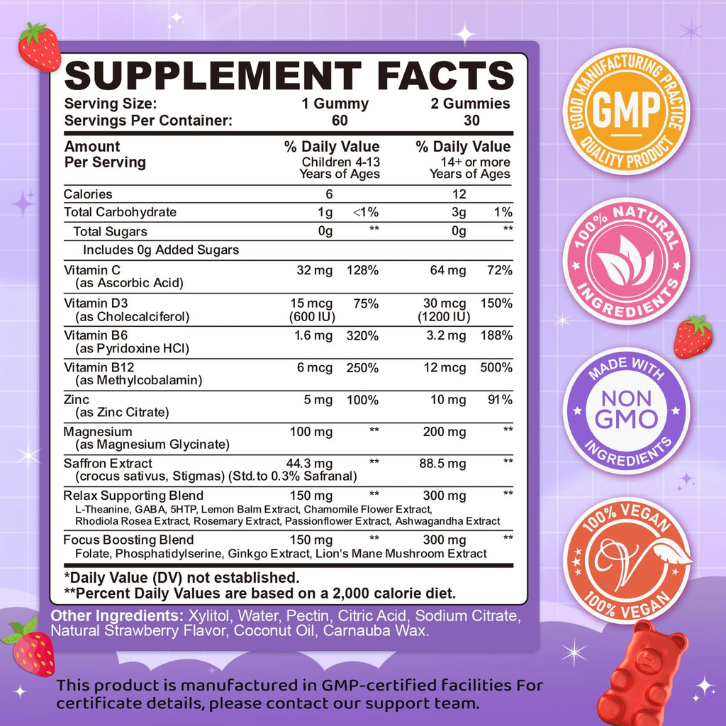 Saffron Gummies for Kids & Adults, 20-in-1 Saffron Supplements with 88.5mg Saffron Extract, B6, B12, C, D3, Magnesium for Calm, Focus, Nerve, Sugar Free, Vegan, Non-GMO - Strawberry Flavor, 60 Counts