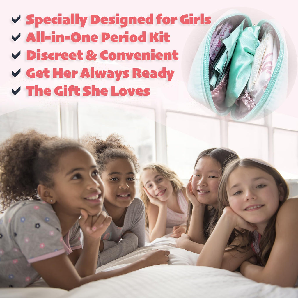 multipieyo Essential First Period Kit for Girls 10-12 | Period Bags for Teen Girls for School | First Period Gift with Sanitary Pad Storage Bag, Wipes, Period Tracker and More(Mint)