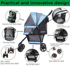 ROODO 4 Wheel Dog Cat Pet Stroller Best Lightweight Foldable Compact Portable Jogger All Terrain Travel Pet Gear Puppy Doggie Bunny Kitty Stroller for up to 30lbs Medium Small Dogs Cats(Sky Blue)