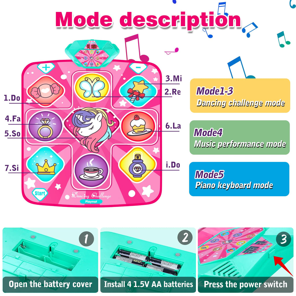 Unicorn Dance Mat for Girls, LED Music Pad, 5 Game Modes, Gift for Kids 3+