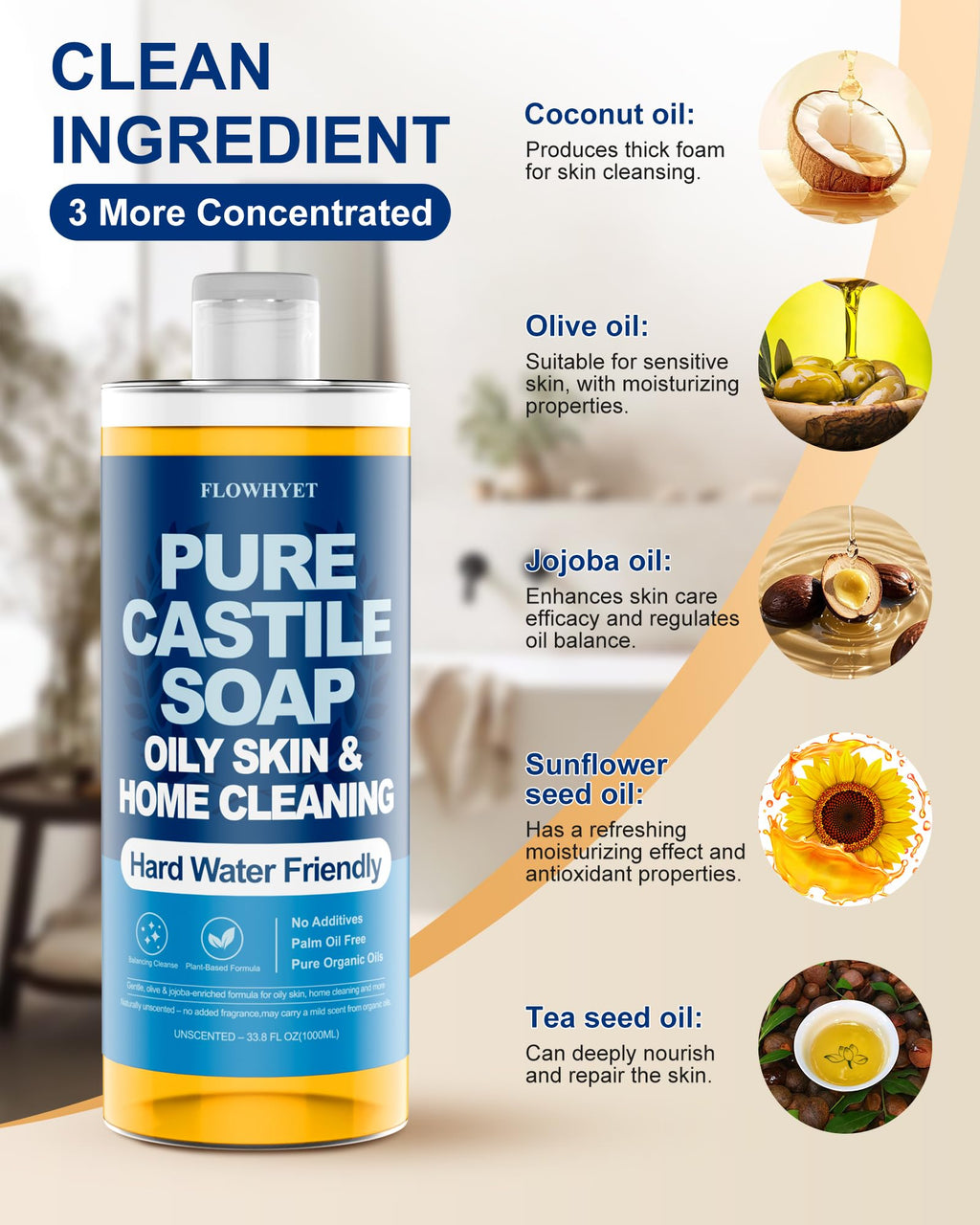 FLOWHYET Pure Castile Soap Liquid Unscented 33.8 fl oz, EWG Verified Organic Body Wash，Bath Soap Castile Liquid, Hard Water Friendly for Sensitive & Oily Skin for Body，Face, Hand, Home Cleaner 1L
