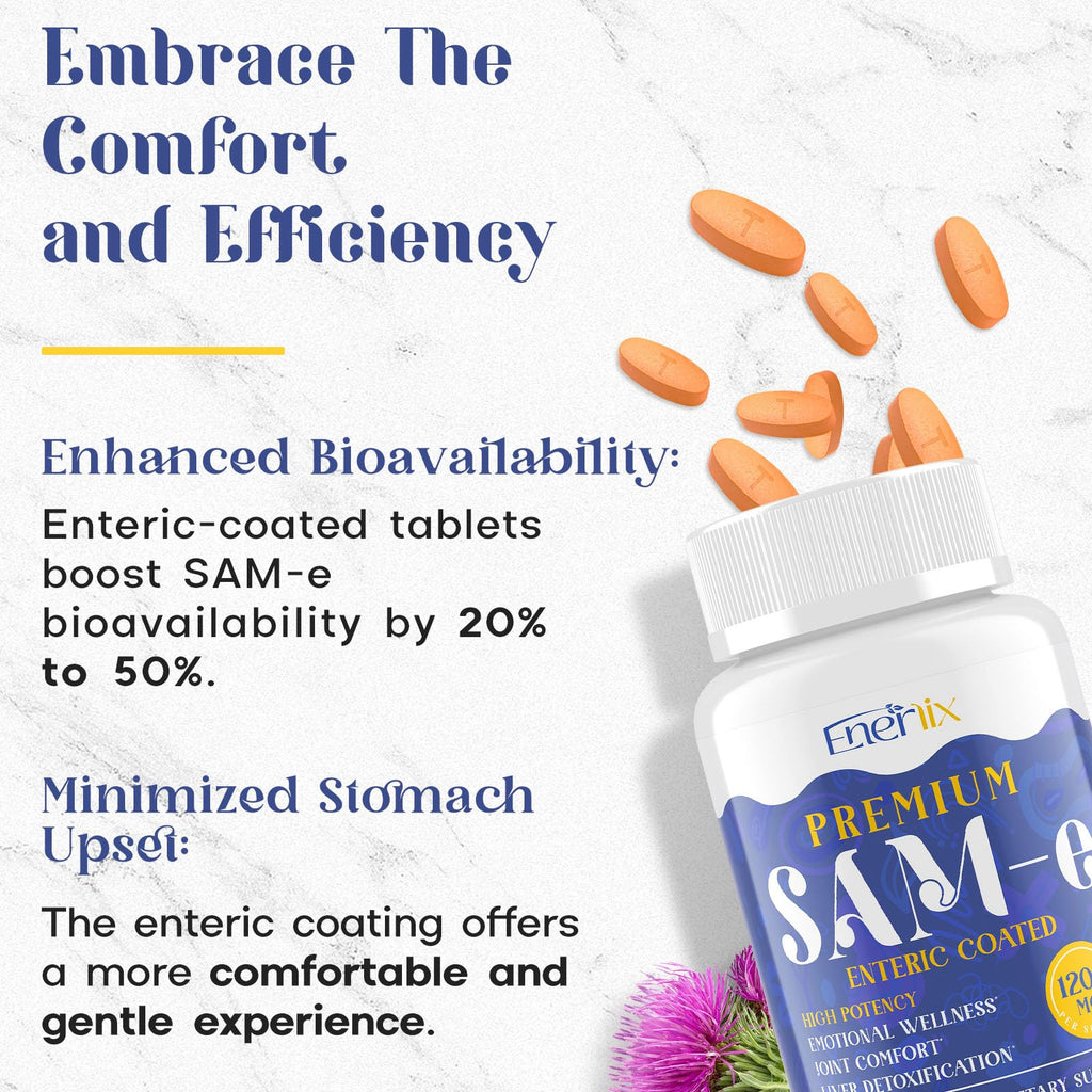 1200 MG SAM e Supplement for Brain, Mood, Joint, and Liver, High Absorption SAM-e (S-Adenosyl-L-Methionine) with CoQ10, 5-HTP, Enteric Coated 120 Tablets, Vegan