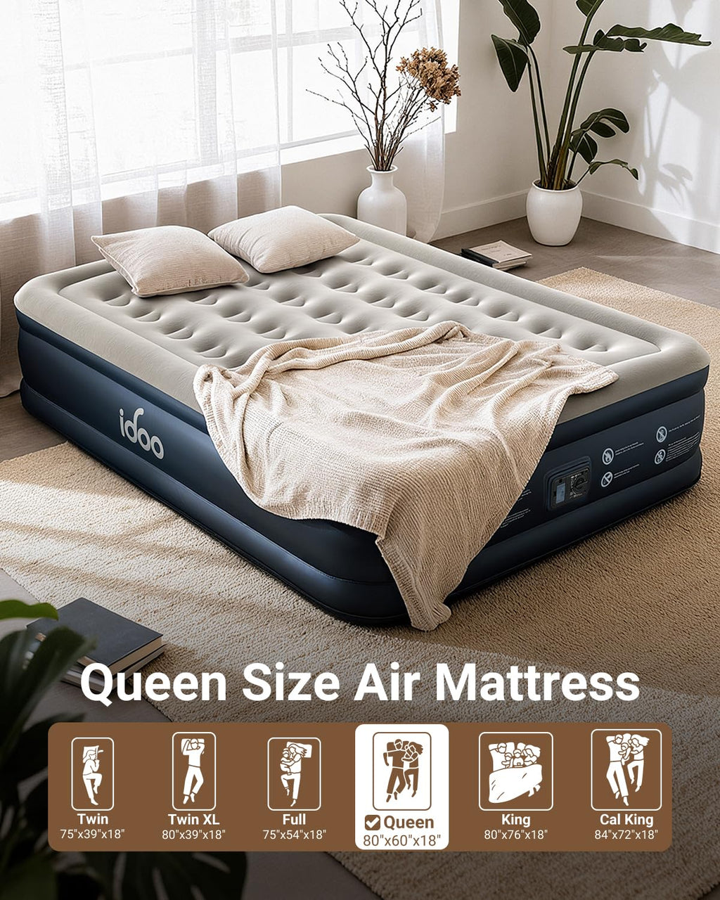 iDOO Luxury Air Mattress with Built in Pump, Queen Size Inflatable Mattress for Camping, Guests & Home, 18" Raised Comfort Blow up Mattress, Durable, Portable & Waterproof Air Bed, colchon inflable
