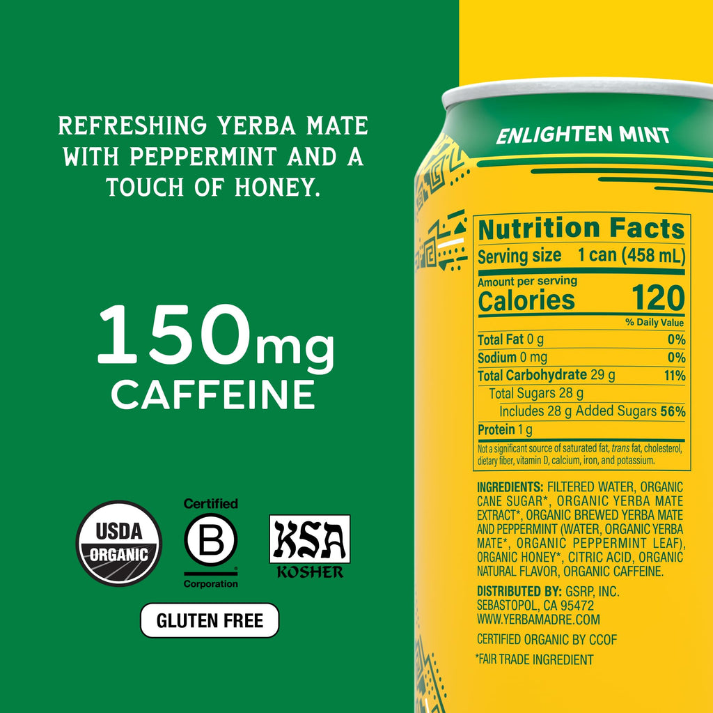 Yerba Madre Organic Yerba Mate, Enlighten Mint, 150mg Natural Caffeine, Energy Drink Alternative, No Jitters or Crash, 15.5 Oz Cans (Pack of 12)