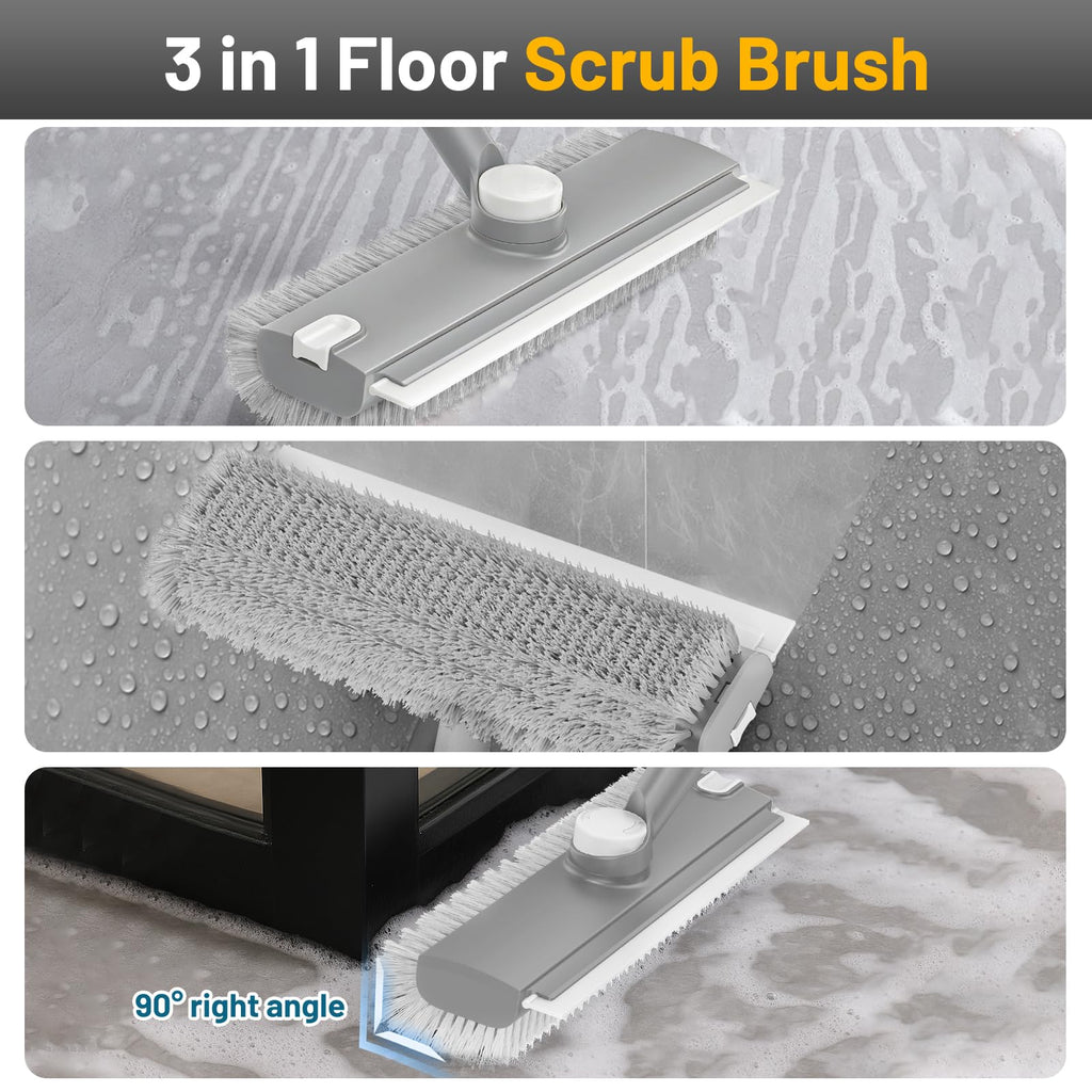 EHADOO Floor Scrub Brush with Long Handle: 3 in 1 Heavy-Duty Floor Scrubber Brush with Squeegee for Cleaning Tile Bathroom Deck Kitchen Patio - Gray