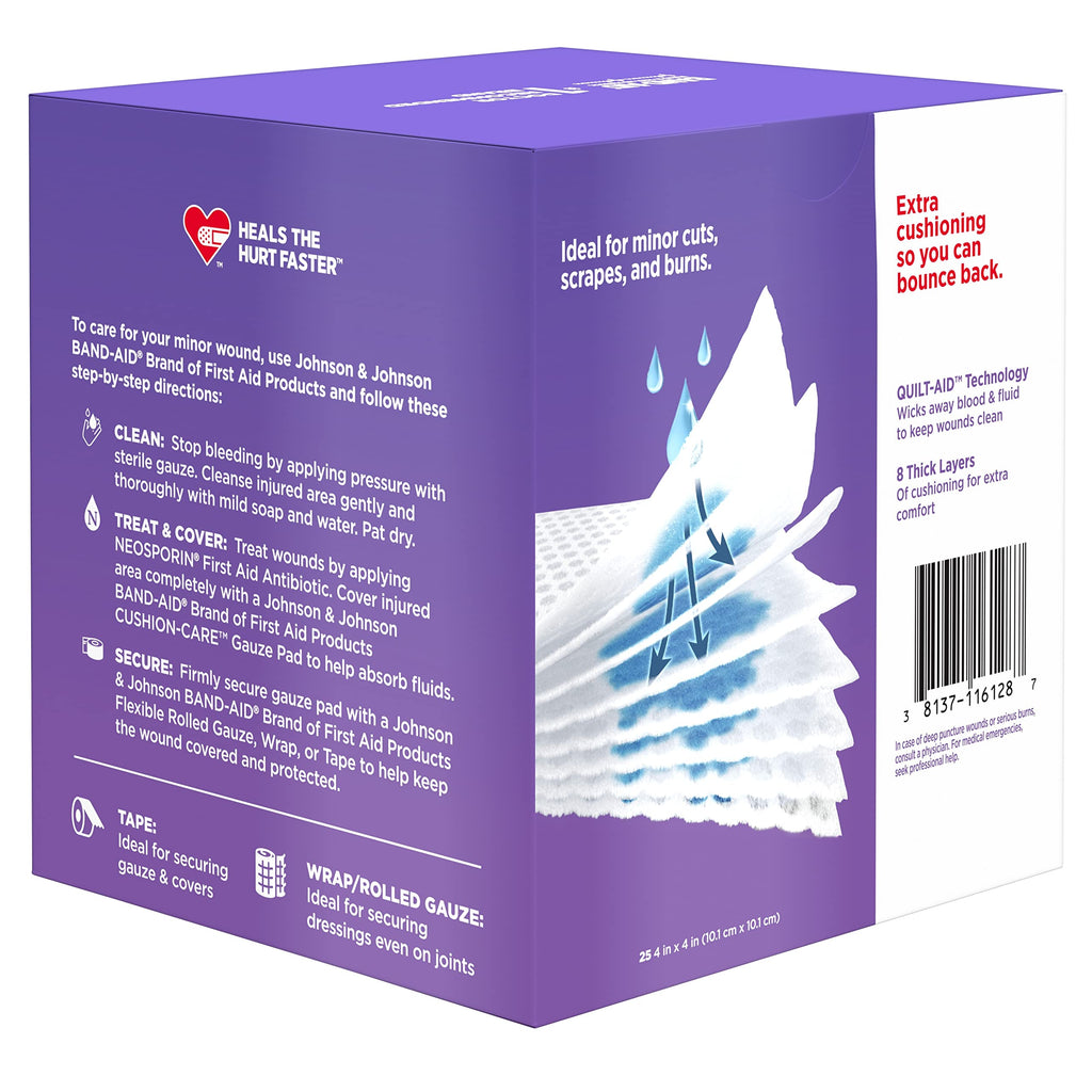 BAND-AID Brand Cushion-Care Gauze Pads, Large Size, 4 in x 4 in, 25 Count