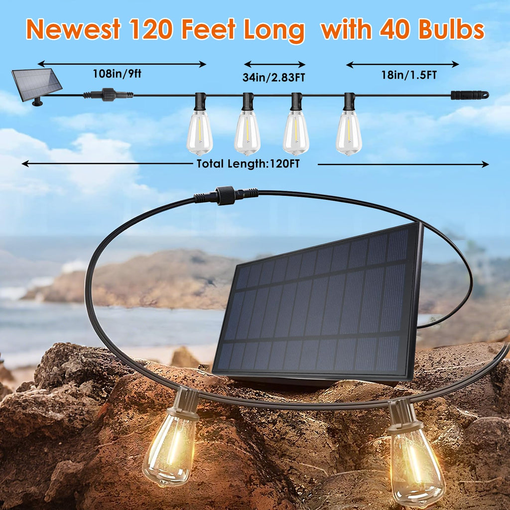 Bdrofn 120FT Solar String Lights Outdoor,Solar Patio Lights Waterproof with Remote & 40+2 Dimmable ST38 Shatterproof LED Bulbs,Commercial Grade Solar Powered String Lights for Outside