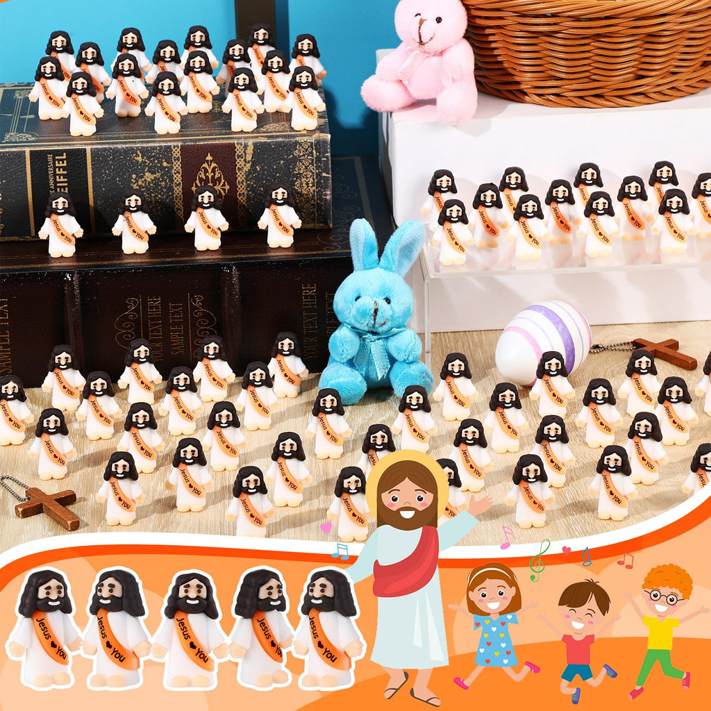 Bememo 100 Pcs Little Jesus Figures Jesus Loves You Original Design Pocket Rubber Little Figures to Hide and Seek Sunday Religious Party Share Easter Gifts(Orange)