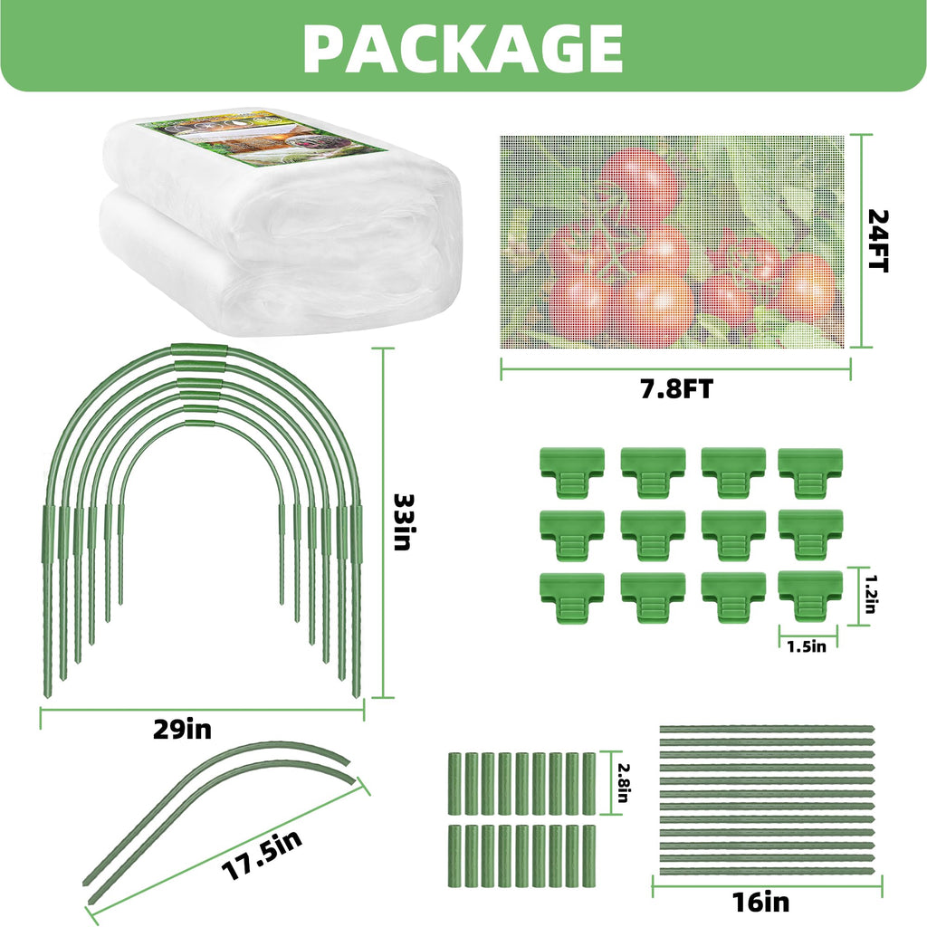U0U Garden Mesh Netting Kit,7.8 x 24 Ft Plant Netting with Hoops,Bird Net for Garden with 6 Sets Garden Hoops & 18 Clips,Garden Net Bed Cover for Plants Birds Animals Protection (White)