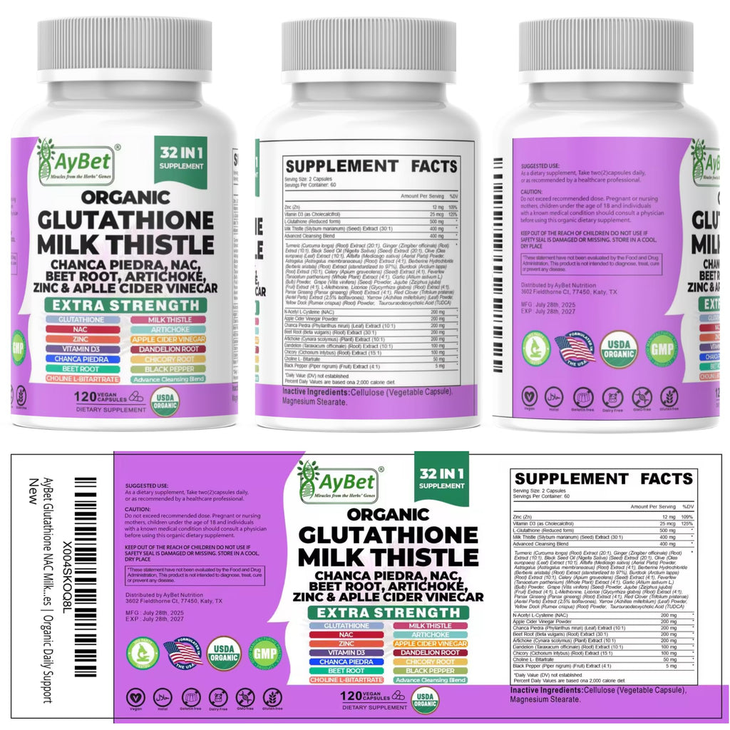 Glutathione NAC Milk Thistle Supplement | Liver Health Support | 32-in-1 Herbal Antioxidant Formula with Chanca Piedra, Turmeric, Dandelion Root, Beet Root & Zinc | Halal Vegan Organic Daily Wellness