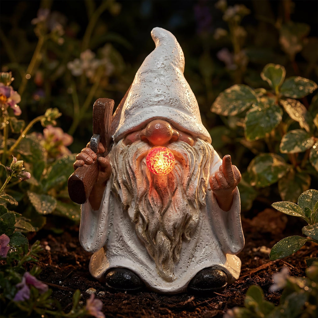 EXYGLO Solar Gnome Garden Statue Decor, 5.7" Middle Finger Gnome with Flickering Cigar Outdoor Funny Decoration for Lawn, Patio, Yard, and Unique Housewarming, Individual Birthday Ornament Gift