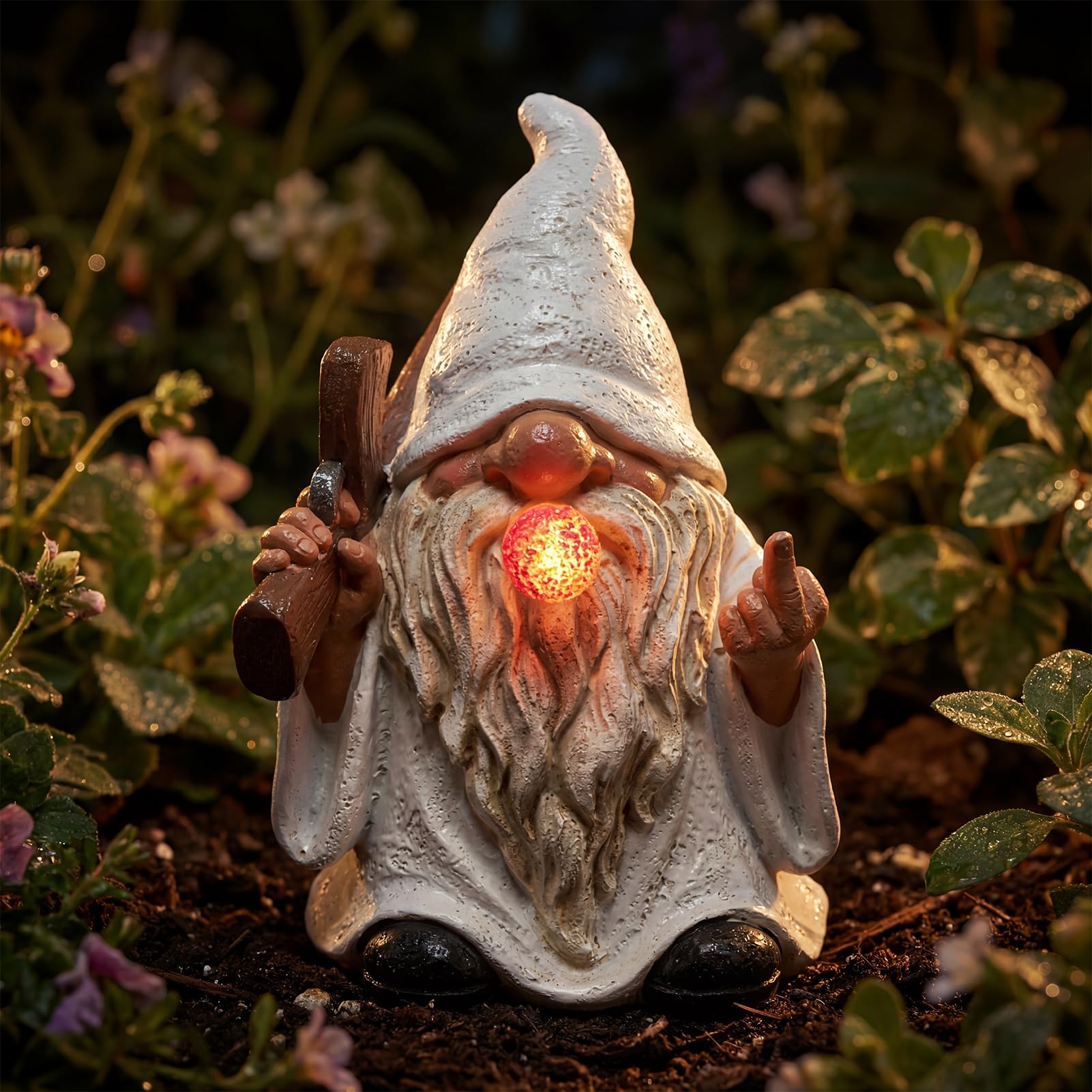EXYGLO Solar Gnome Garden Statue Decor, 5.7" Middle Finger Gnome with Flickering Cigar Outdoor Funny Decoration for Lawn, Patio, Yard, and Unique Housewarming, Individual Birthday Ornament Gift