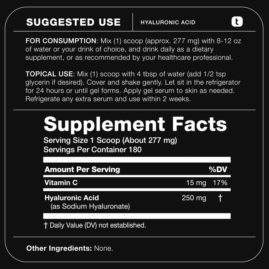 Ultra Purified Bioavailable Hyaluronic Acid Powder – for Deeper Skin Hydration – 250 mg with Vitamin C for Enhanced Absorption – 180 Servings